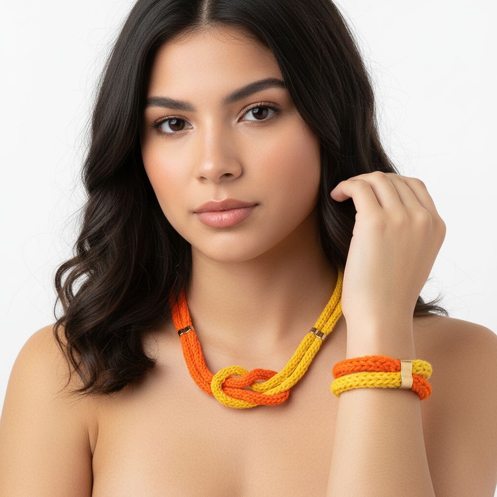 Strickkette + Armband - orange-gelb
