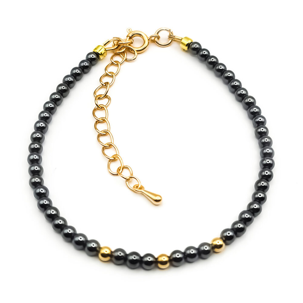 Naturstein-Armband "Hämatit" 6mm mit vergoldeten Silberperlen