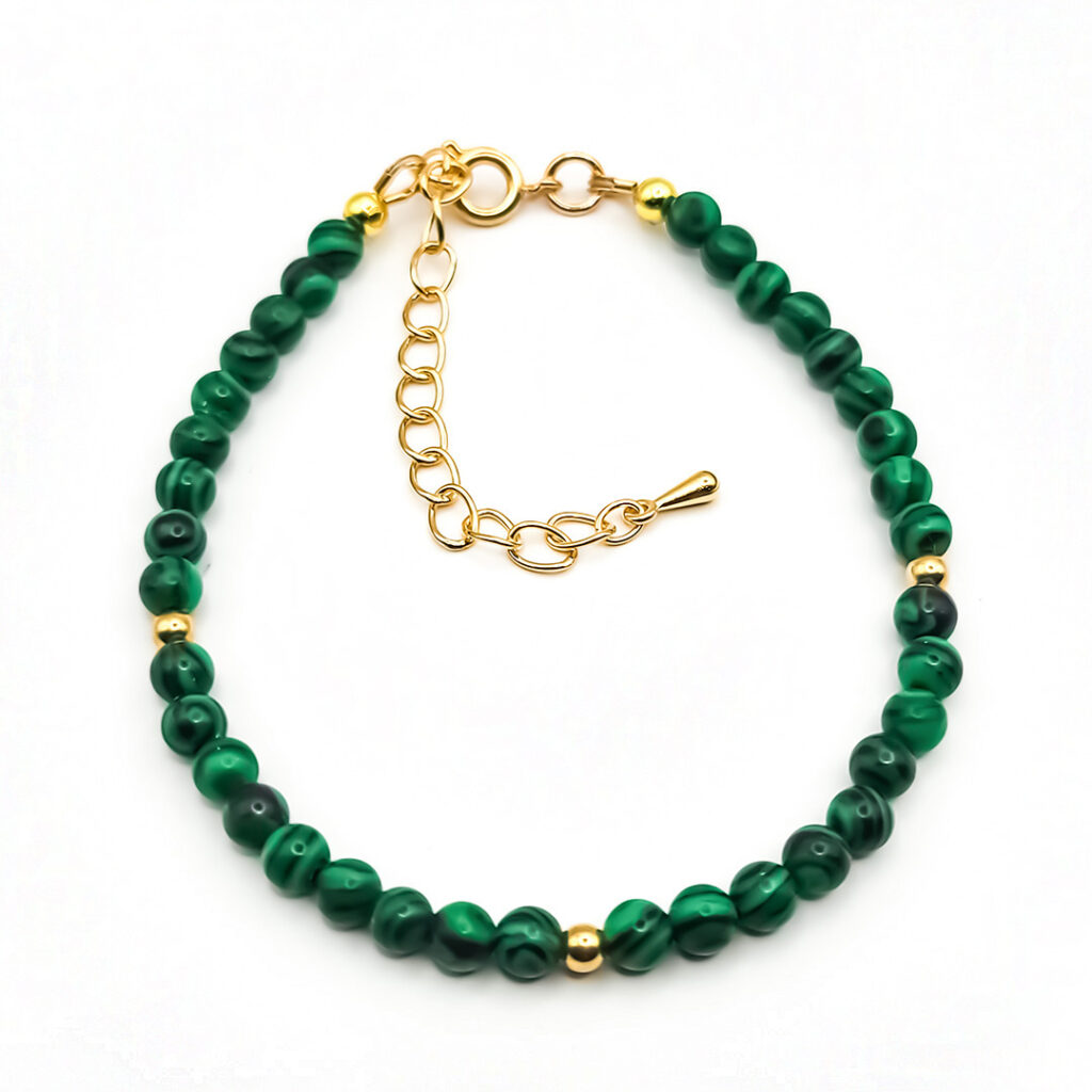 Armband Silver&Stone „Malachit“ 6mm mit vergoldeten Silberperlen