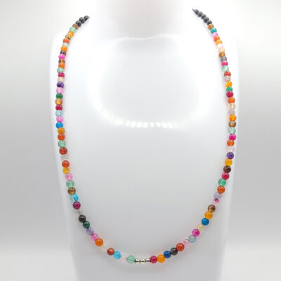 Naturstein-Kette „Bunt-Achat“ 4mm mit silbernen Perlen