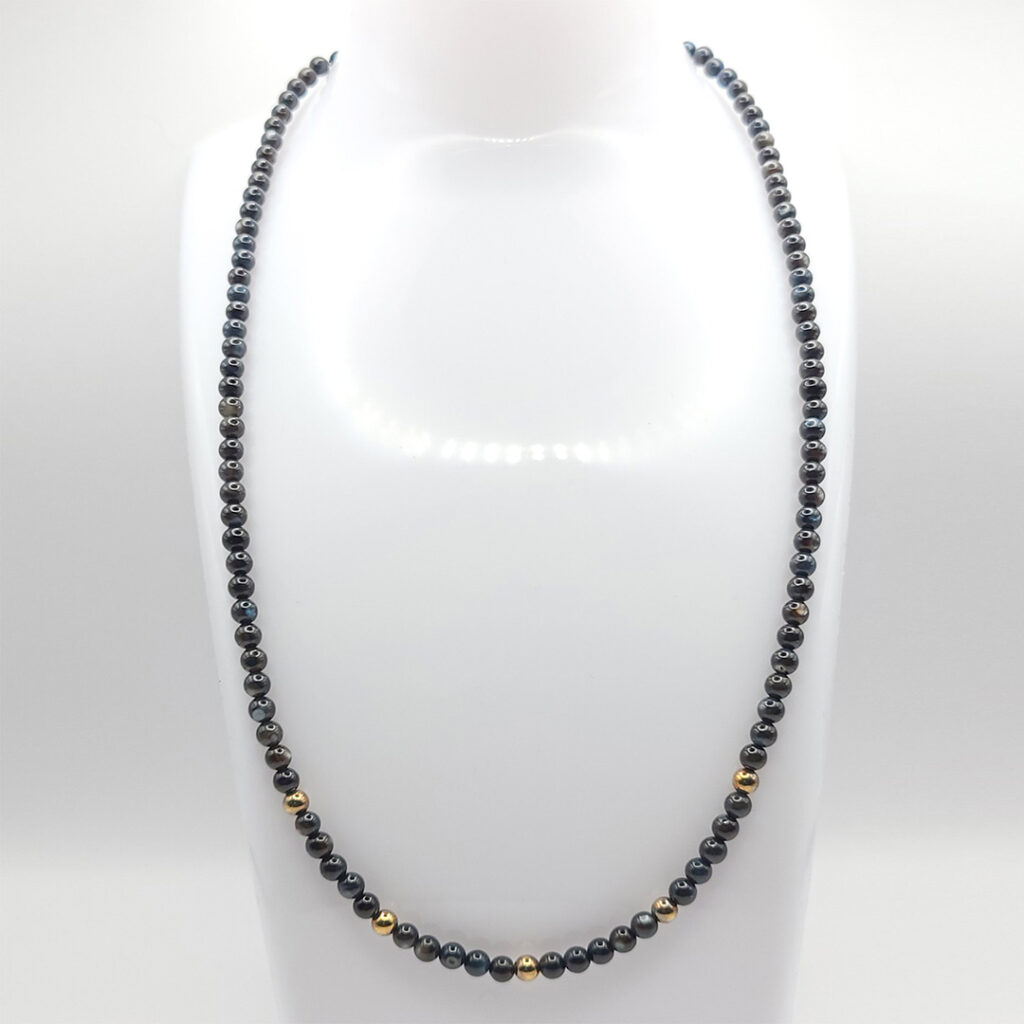 Kette Silver&Stone „Obsidian“ 4mm mit vergoldeten Silberperlen