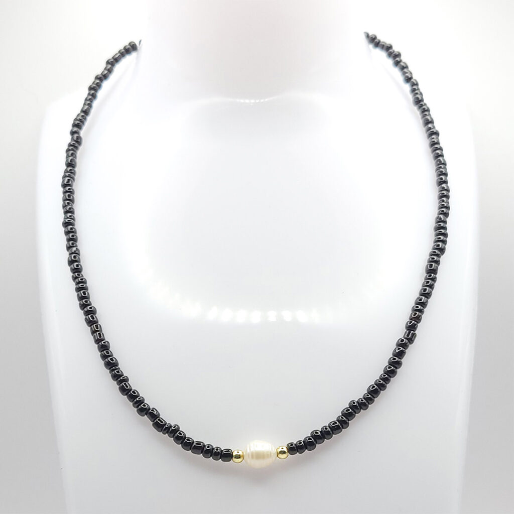 Kette Silver&Stone „Obsidian&Perle“ 4mm mit vergoldeten Silberperlen