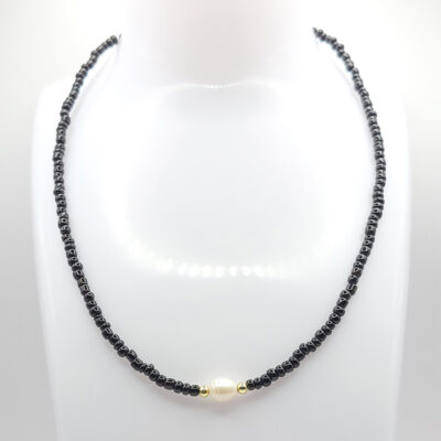 Naturstein-Kette „Obsidian&Perle“ 4mm mit vergoldeten Silberperlen