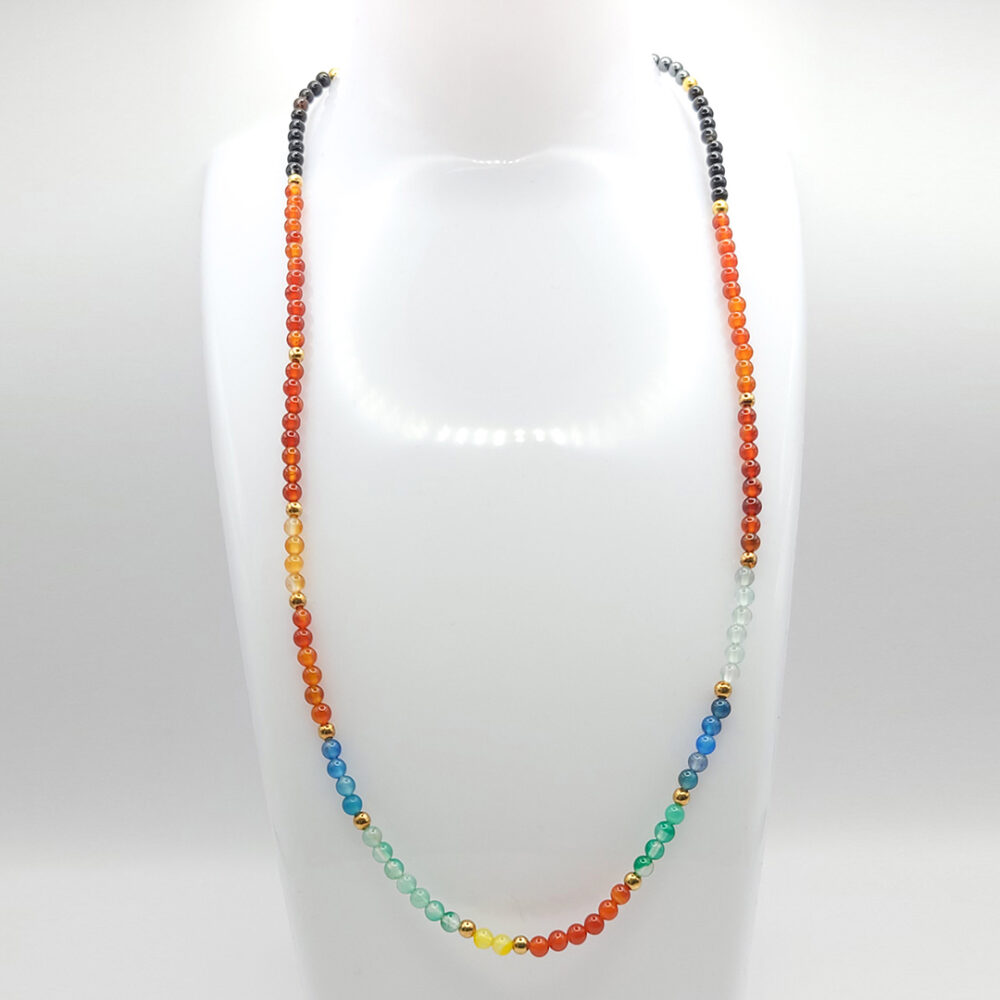 Naturstein-Kette "Bunt-Achat" 4mm mit vergoldeten Silberperlen