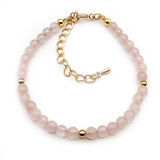 Naturstein-Armband Rosenquarz 4mm mit vergoldeten Silberkugeln