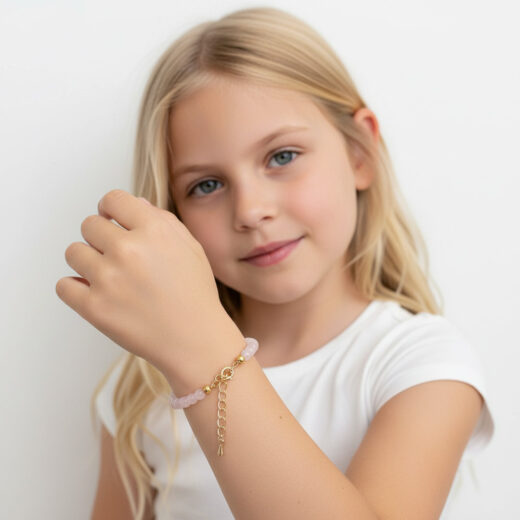Naturstein-Armband Rosenquarz 4mm mit vergoldeten Silberkugeln