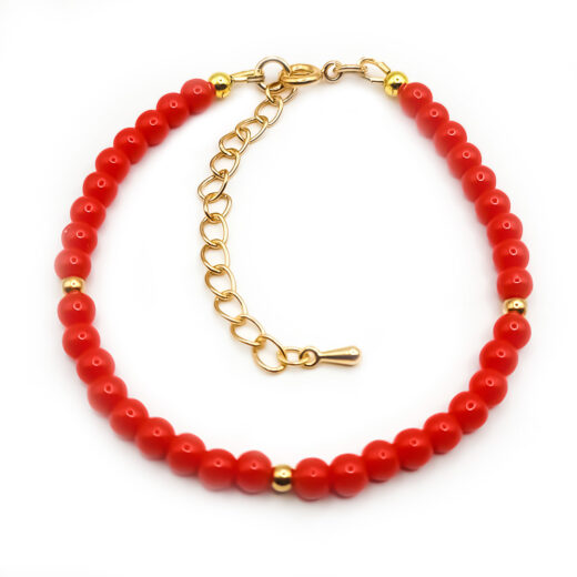Naturstein-Armband Rote Koralle 4mm mit vergoldeten Silberkugeln