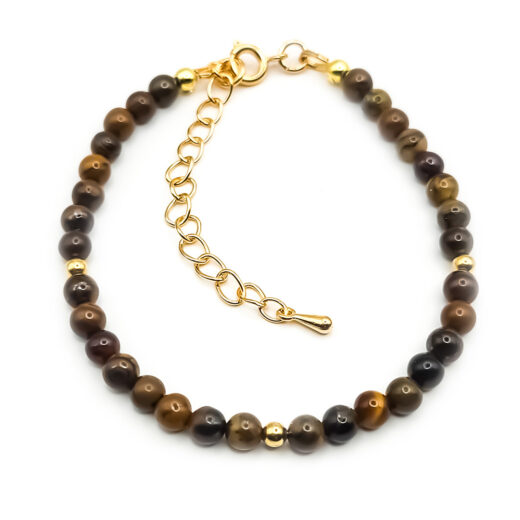 Naturstein-Armband Tigerauge 4mm mit vergoldeten Silberkugeln