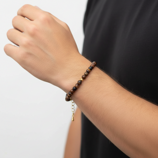 Naturstein-Armband Tigerauge 4mm mit vergoldeten Silberkugeln