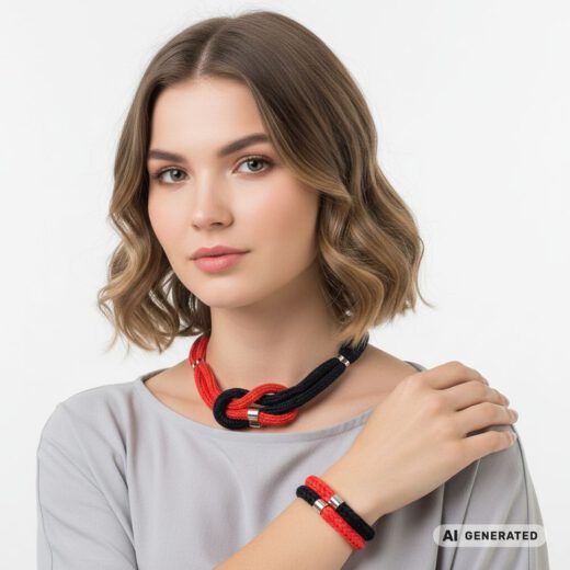 Strickkette+Armband rot-schwarz - KI generiert